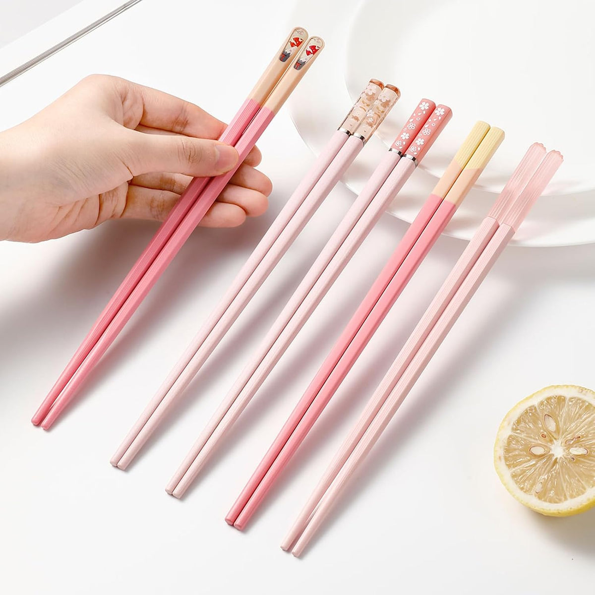 5 Pairs Pink Fiberglass Chopsticks, Non-Slip Reusable