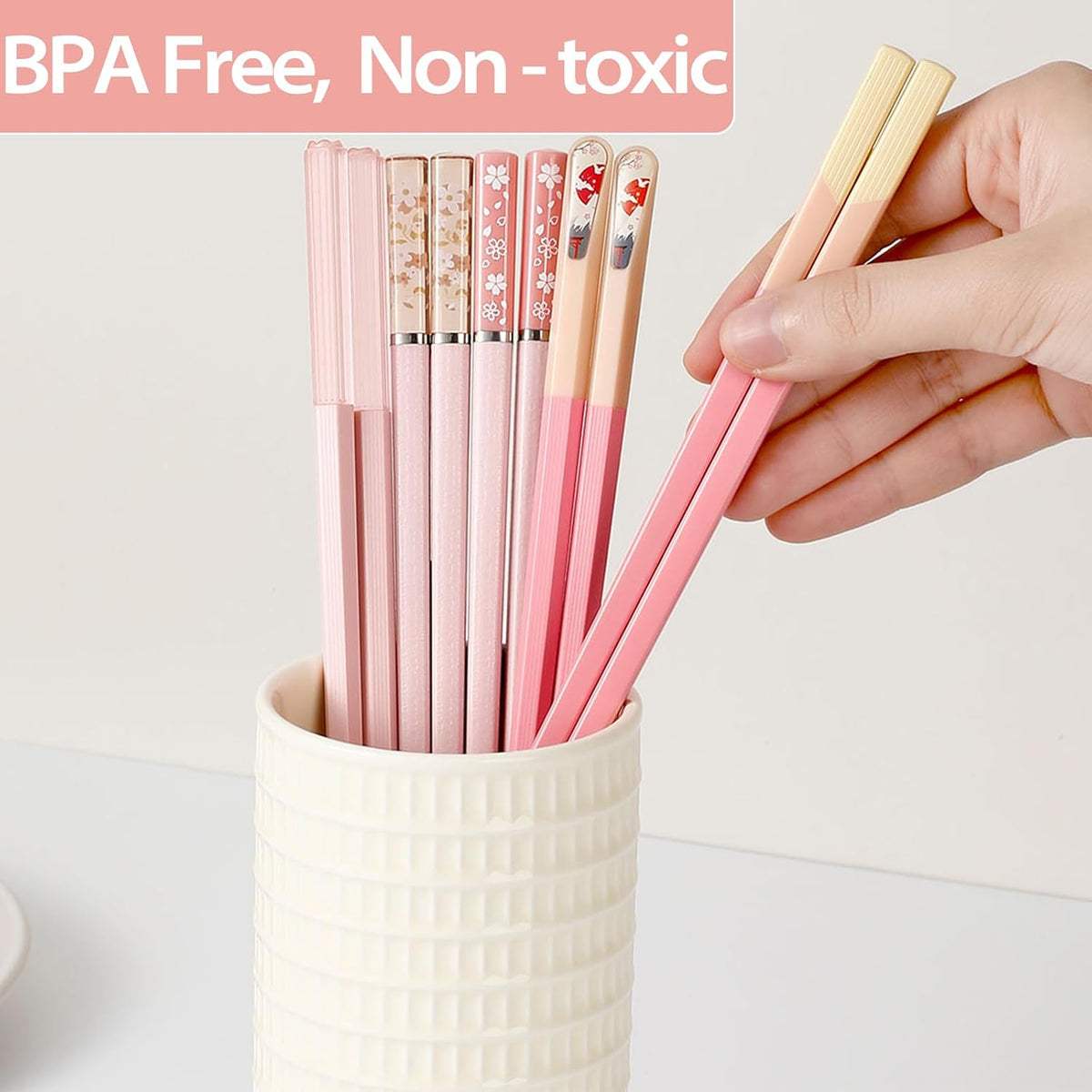 5 Pairs Pink Fiberglass Chopsticks, Non-Slip Reusable