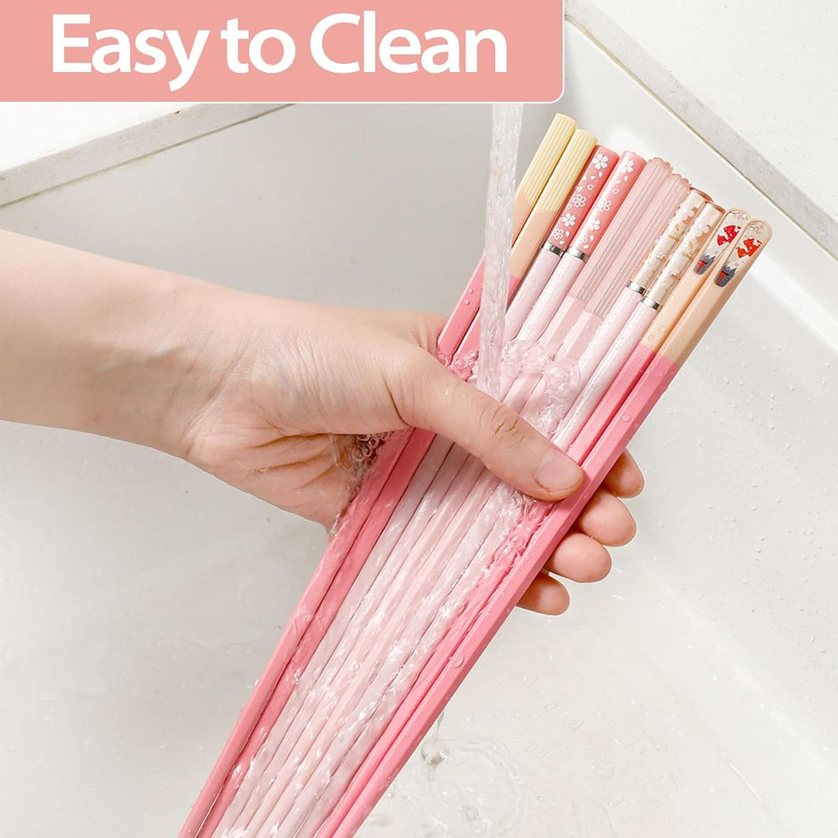 5 Pairs Pink Fiberglass Chopsticks, Non-Slip Reusable