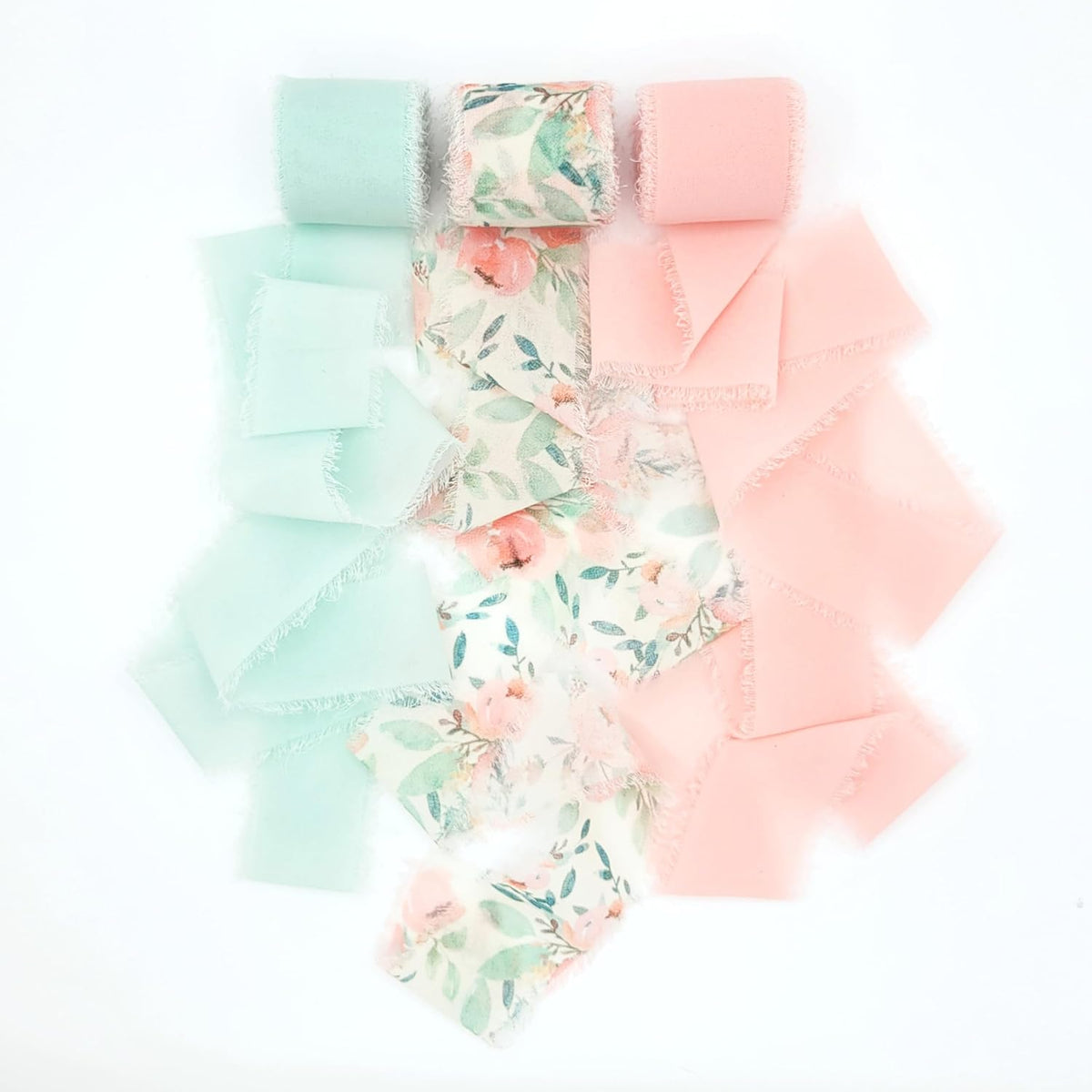 Fringe Chiffon Ribbon, 1.5" X 18 Yards, Use for Wedding Invitations, Flower Bouquets, Gift Wrapping, Crafts, DIYs, Floral Ribbon (Blush/Peach, Mint, Floral)