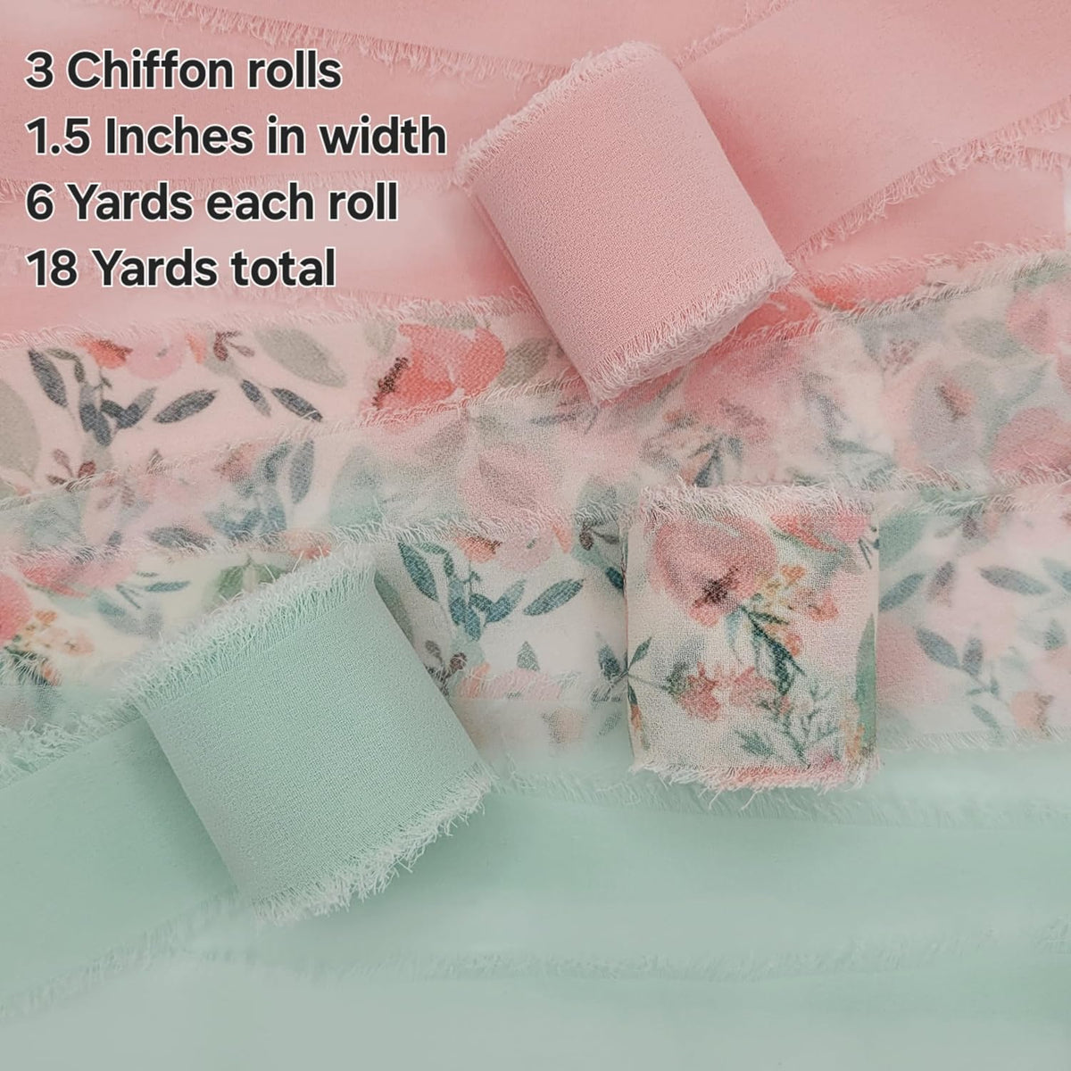 Fringe Chiffon Ribbon, 1.5" X 18 Yards, Use for Wedding Invitations, Flower Bouquets, Gift Wrapping, Crafts, DIYs, Floral Ribbon (Blush/Peach, Mint, Floral)