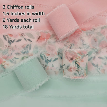 Fringe Chiffon Ribbon, 1.5" X 18 Yards, Use for Wedding Invitations, Flower Bouquets, Gift Wrapping, Crafts, DIYs, Floral Ribbon (Blush/Peach, Mint, Floral)