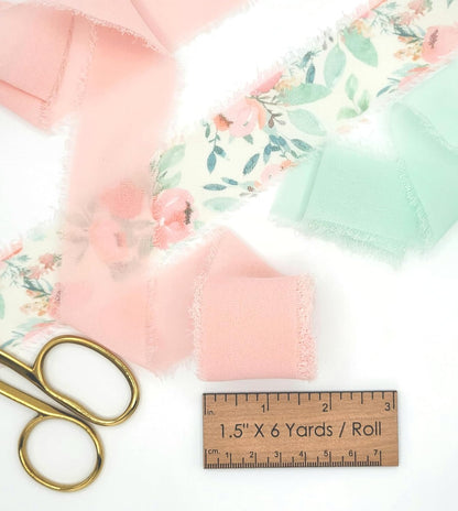 Fringe Chiffon Ribbon, 1.5" X 18 Yards, Use for Wedding Invitations, Flower Bouquets, Gift Wrapping, Crafts, DIYs, Floral Ribbon (Blush/Peach, Mint, Floral)