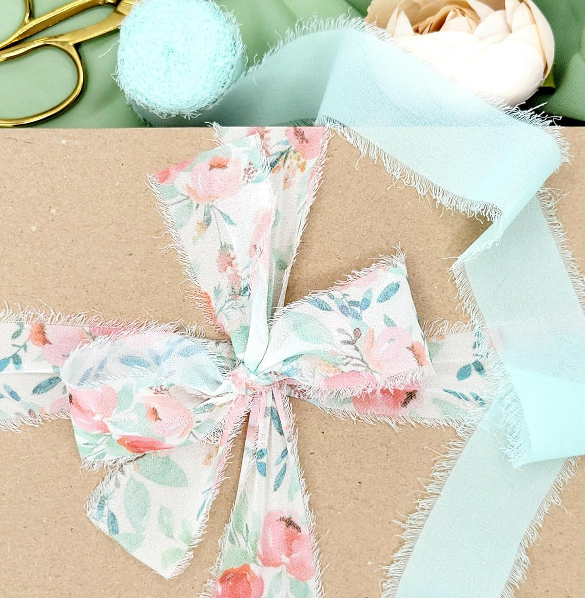 Fringe Chiffon Ribbon, 1.5" X 18 Yards, Use for Wedding Invitations, Flower Bouquets, Gift Wrapping, Crafts, DIYs, Floral Ribbon (Blush/Peach, Mint, Floral)
