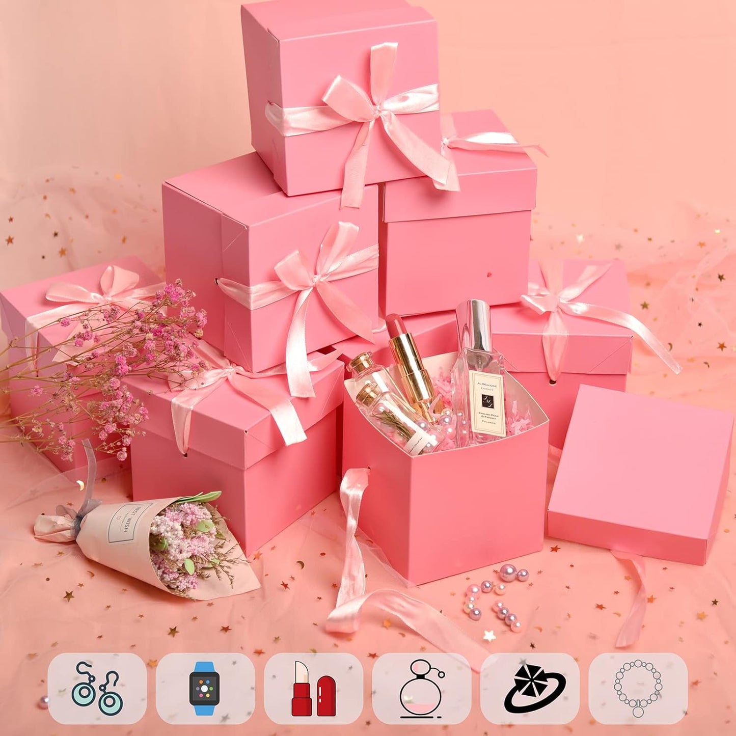 Gift Box with Lid & Ribbon, 6pcs,Pink, 6"×6"×6" | For Birthday, Anniversary, Mother's Day,Christmas Day,Soccer game,Soccer gift box,Football fan gift