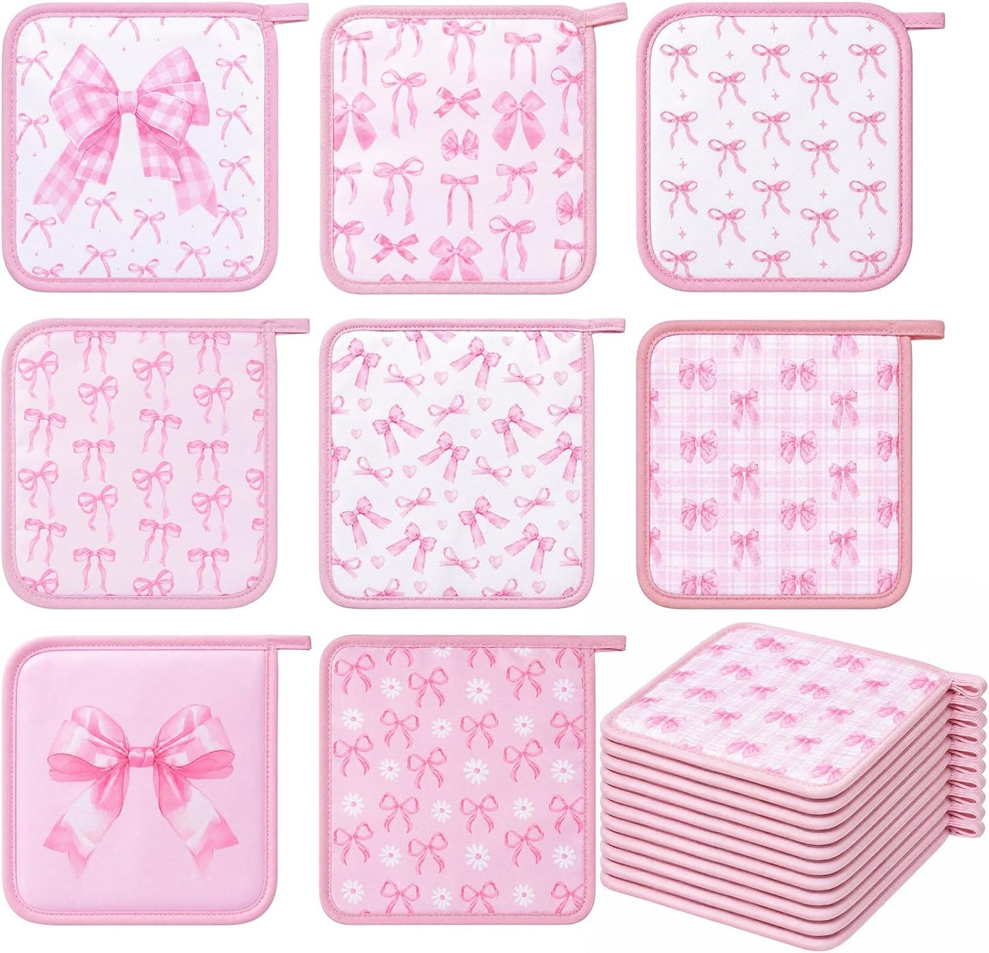 16 Pcs Pink Bow Pot Holder for Kitchen Cute Coquette Bow Heat Resistant Hot Pads Square Oven Mitt Potholders Housewarming Decoration Gift for Baking Cooking BBQ Accessories