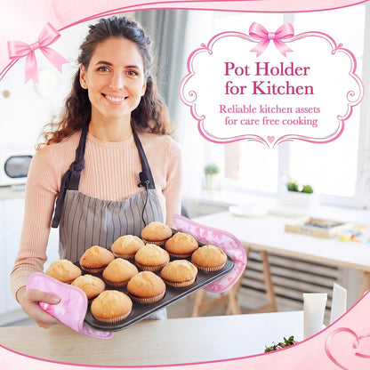 16 Pcs Pink Bow Pot Holder for Kitchen Cute Coquette Bow Heat Resistant Hot Pads Square Oven Mitt Potholders Housewarming Decoration Gift for Baking Cooking BBQ Accessories