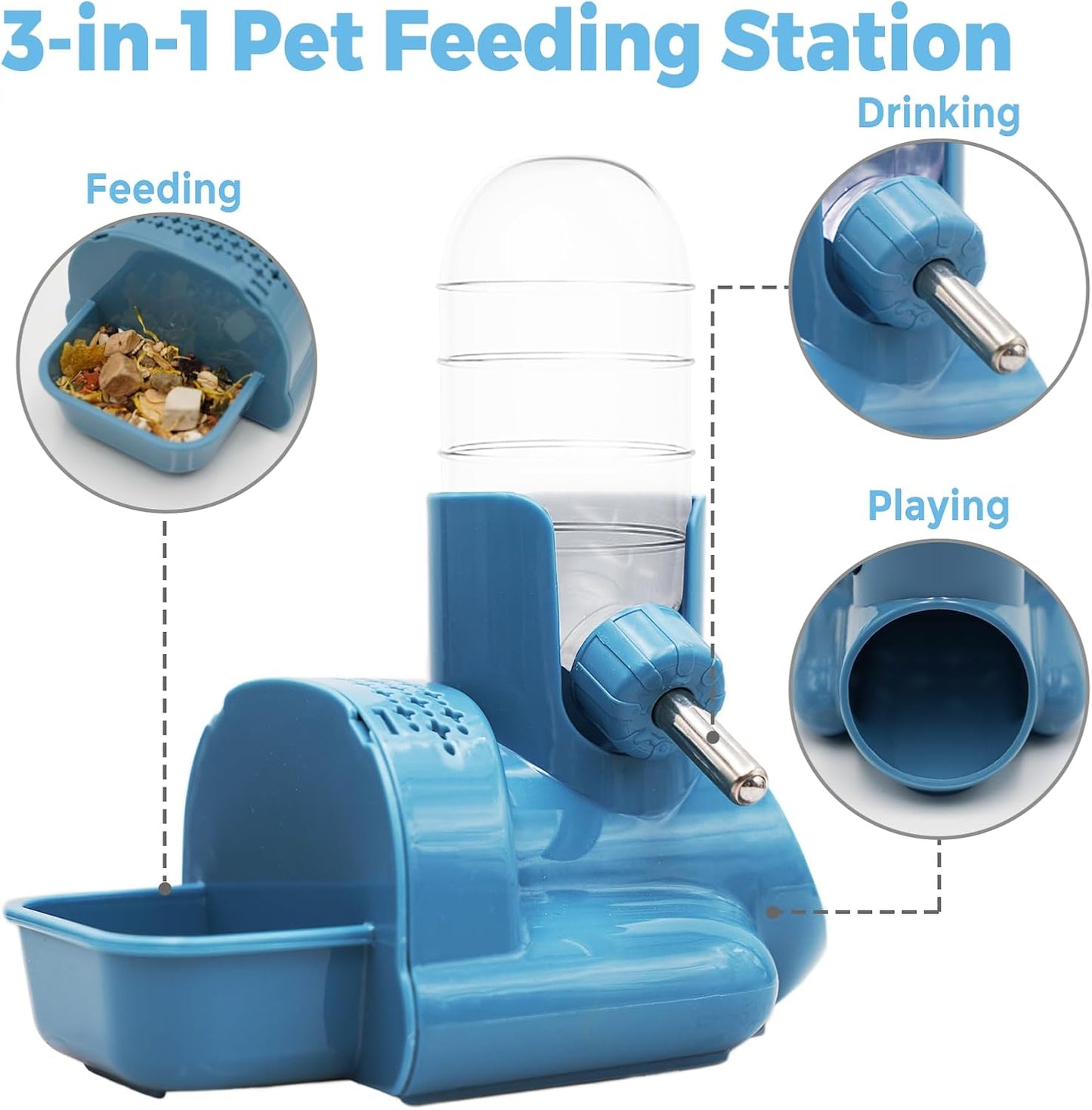 VANNON 3 in 1 Hamster Water Bottle No Drip Small Animal Water Bottle Automatic Bottle Dispenser with Food Container Base Hut and Hideout Base 4oz/120ml,Leekproof, BPA Free