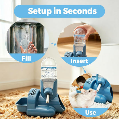 VANNON 3 in 1 Hamster Water Bottle No Drip Small Animal Water Bottle Automatic Bottle Dispenser with Food Container Base Hut and Hideout Base 4oz/120ml,Leekproof, BPA Free