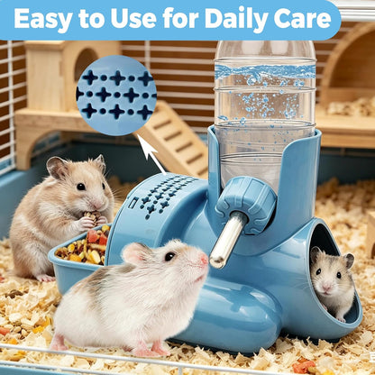 VANNON 3 in 1 Hamster Water Bottle No Drip Small Animal Water Bottle Automatic Bottle Dispenser with Food Container Base Hut and Hideout Base 4oz/120ml,Leekproof, BPA Free
