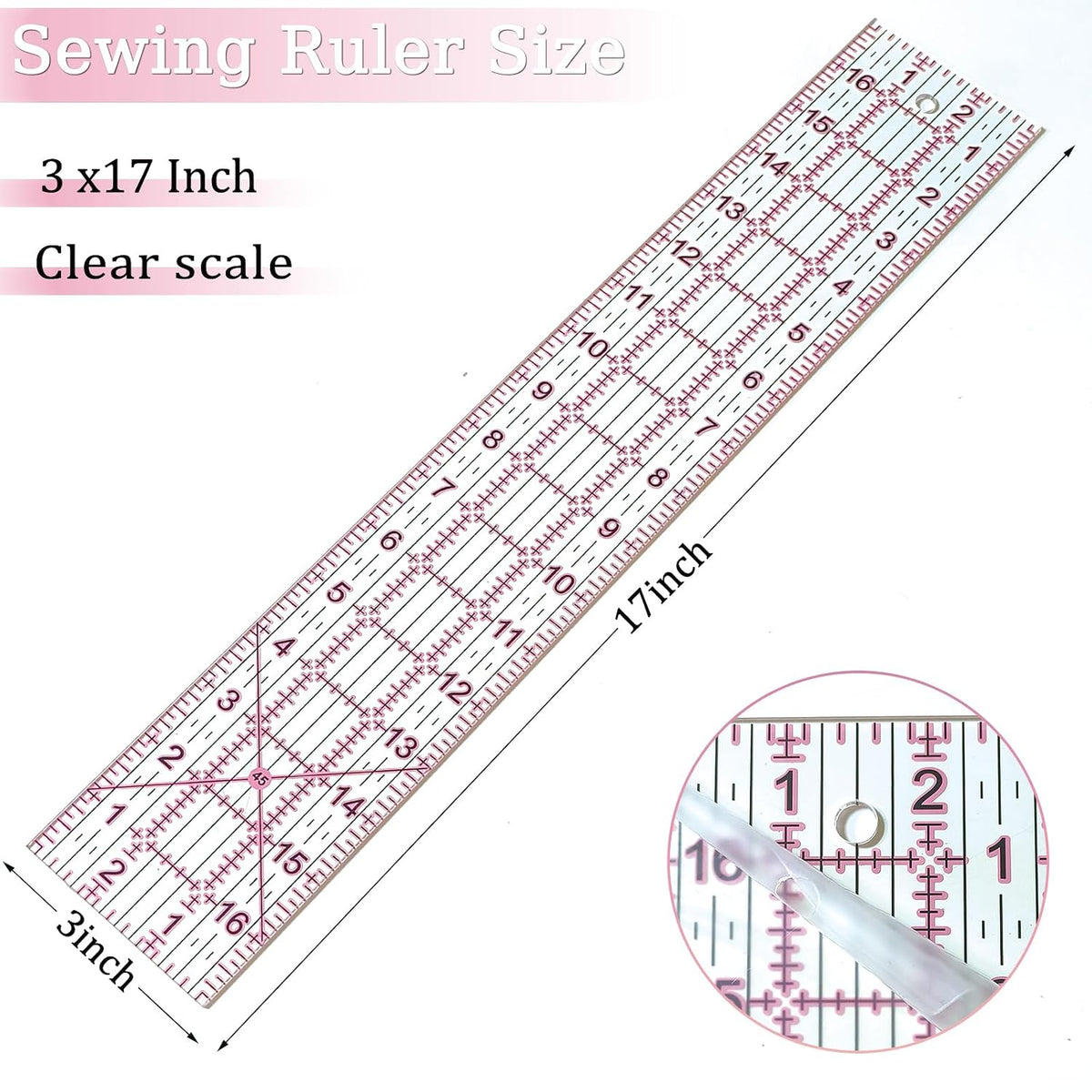 Acrylic Quilters Ruler,Sewing Ruler,3-Inch by 17-Inch, Non Slip Rings 15 Pieces for Quilting and Sewing (Pink)