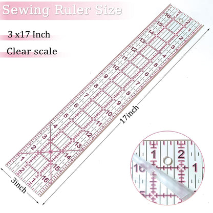Acrylic Quilters Ruler,Sewing Ruler,3-Inch by 17-Inch, Non Slip Rings 15 Pieces for Quilting and Sewing (Pink)