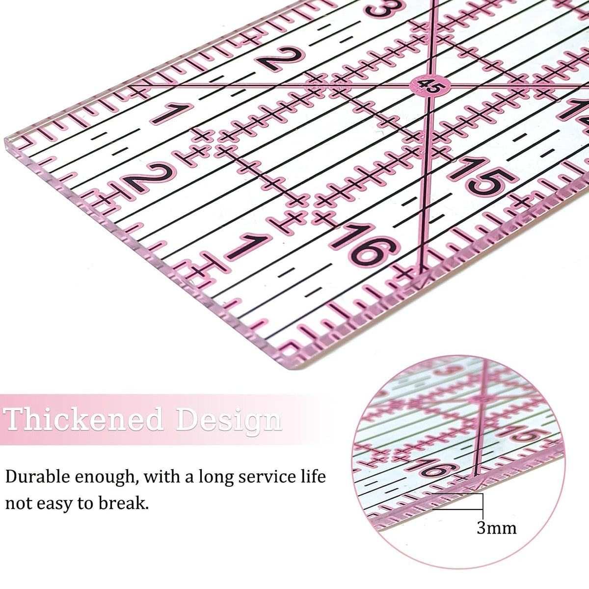 Acrylic Quilters Ruler,Sewing Ruler,3-Inch by 17-Inch, Non Slip Rings 15 Pieces for Quilting and Sewing (Pink)