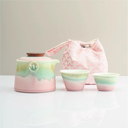 Chinese Travel Tea Set, Portable Ceramic Teapot for One to Two, Gongfu Tea Set with Color Gradient Design, 1 Pot 2 Cups, Gift for Tea Lovers (Pink&Pistachio Green)