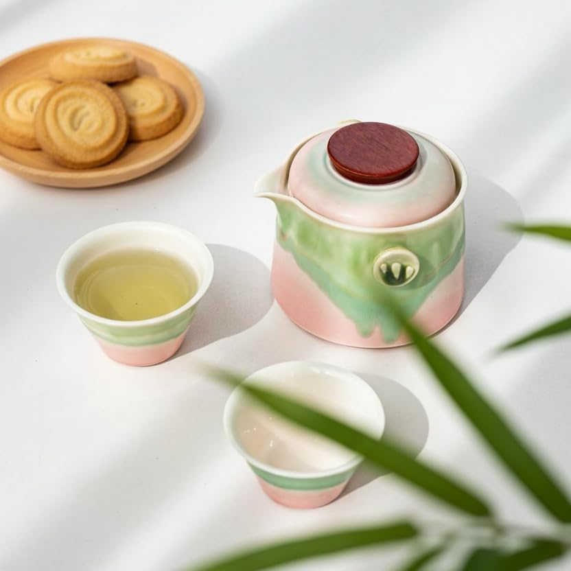 Chinese Travel Tea Set, Portable Ceramic Teapot for One to Two, Gongfu Tea Set with Color Gradient Design, 1 Pot 2 Cups, Gift for Tea Lovers (Pink&Pistachio Green)