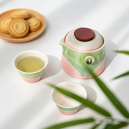 Chinese Travel Tea Set, Portable Ceramic Teapot for One to Two, Gongfu Tea Set with Color Gradient Design, 1 Pot 2 Cups, Gift for Tea Lovers (Pink&Pistachio Green)