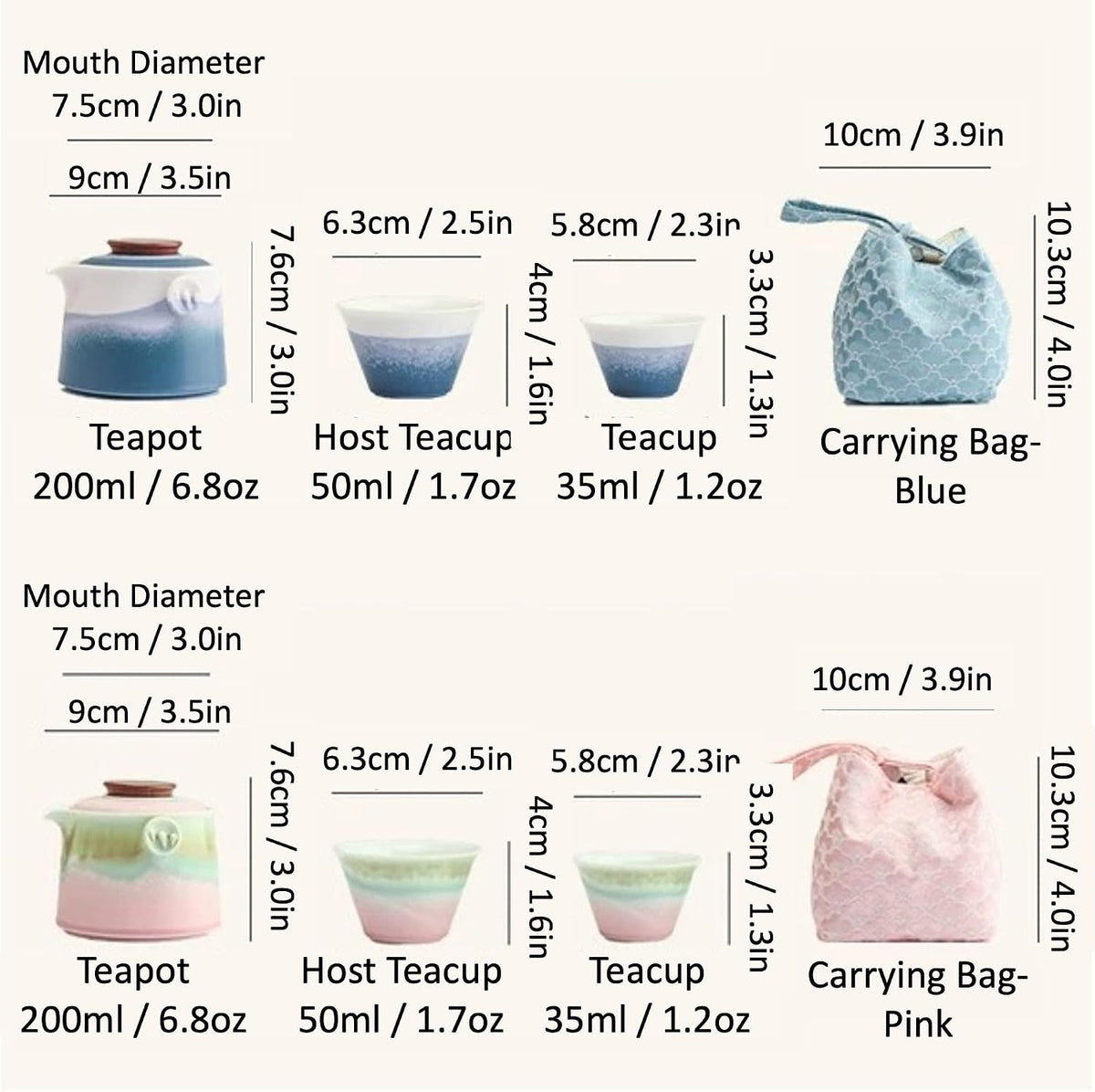 Chinese Travel Tea Set, Portable Ceramic Teapot for One to Two, Gongfu Tea Set with Color Gradient Design, 1 Pot 2 Cups, Gift for Tea Lovers (Pink&Pistachio Green)