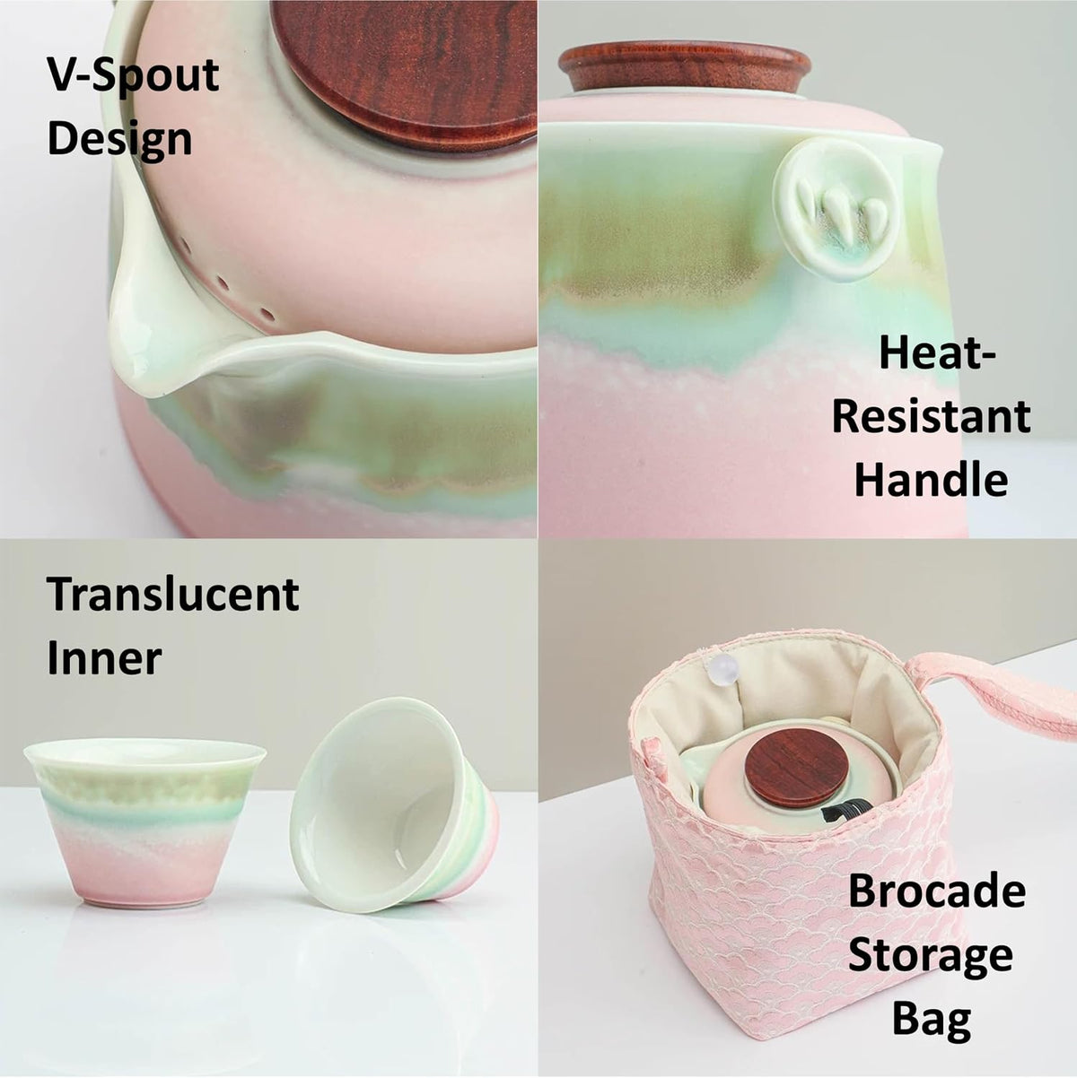 Chinese Travel Tea Set, Portable Ceramic Teapot for One to Two, Gongfu Tea Set with Color Gradient Design, 1 Pot 2 Cups, Gift for Tea Lovers (Pink&Pistachio Green)