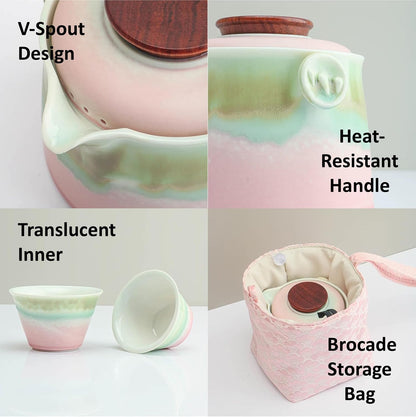 Chinese Travel Tea Set, Portable Ceramic Teapot for One to Two, Gongfu Tea Set with Color Gradient Design, 1 Pot 2 Cups, Gift for Tea Lovers (Pink&Pistachio Green)