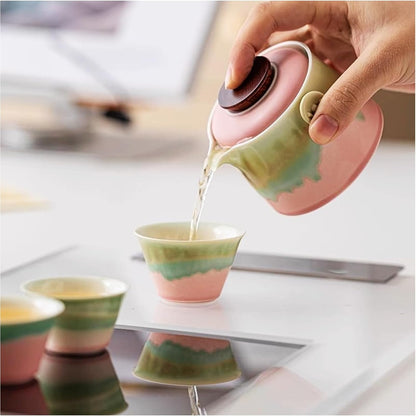 Chinese Travel Tea Set, Portable Ceramic Teapot for One to Two, Gongfu Tea Set with Color Gradient Design, 1 Pot 2 Cups, Gift for Tea Lovers (Pink&Pistachio Green)