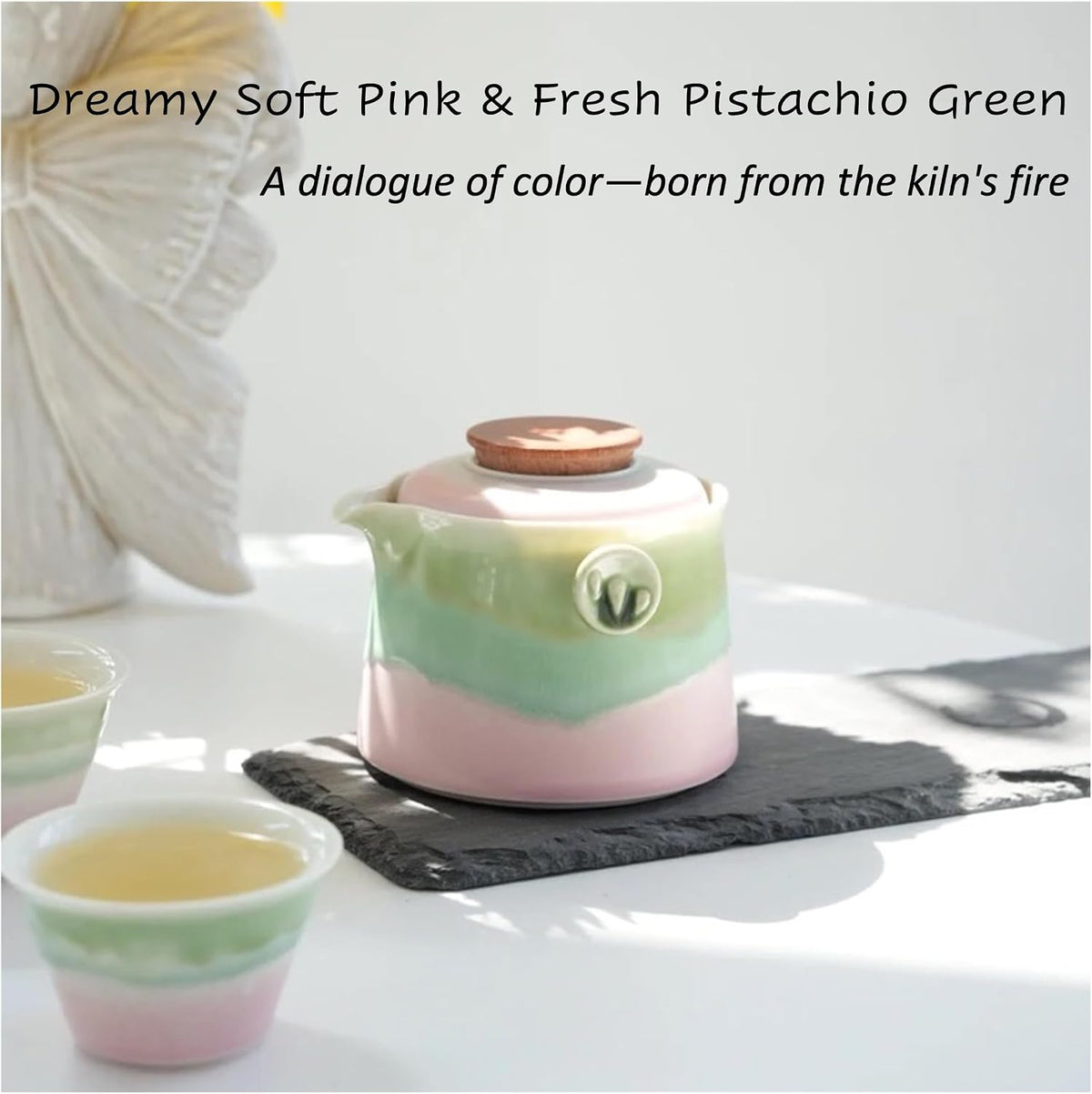 Chinese Travel Tea Set, Portable Ceramic Teapot for One to Two, Gongfu Tea Set with Color Gradient Design, 1 Pot 2 Cups, Gift for Tea Lovers (Pink&Pistachio Green)