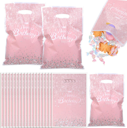 100 Pcs Pink Rose Gold Gift Bags Glitter Diamond Goodie Bag with Handles Happy Birthday Candy Bags Birthday Party Favor Bag for Women Girls Party Decor Supplies