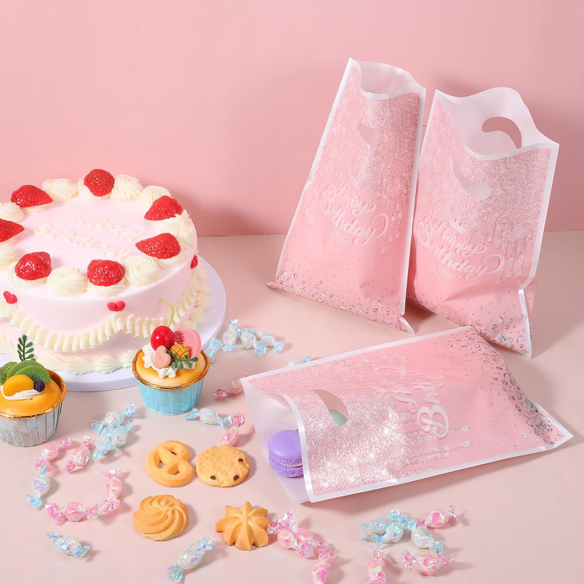 100 Pcs Pink Rose Gold Gift Bags Glitter Diamond Goodie Bag with Handles Happy Birthday Candy Bags Birthday Party Favor Bag for Women Girls Party Decor Supplies