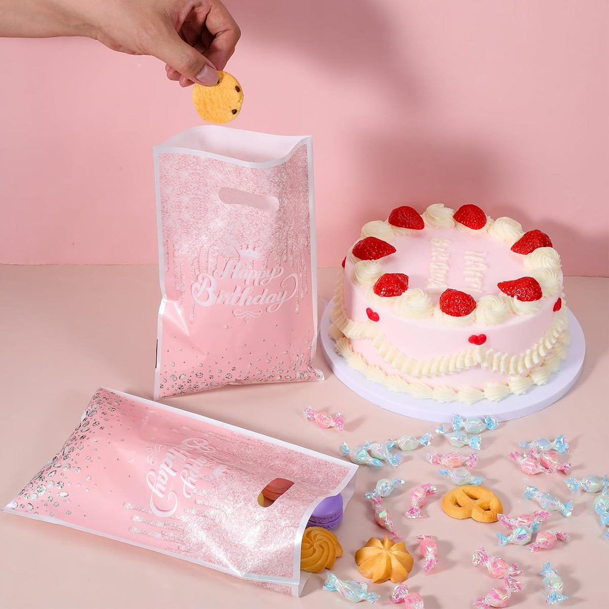 100 Pcs Pink Rose Gold Gift Bags Glitter Diamond Goodie Bag with Handles Happy Birthday Candy Bags Birthday Party Favor Bag for Women Girls Party Decor Supplies