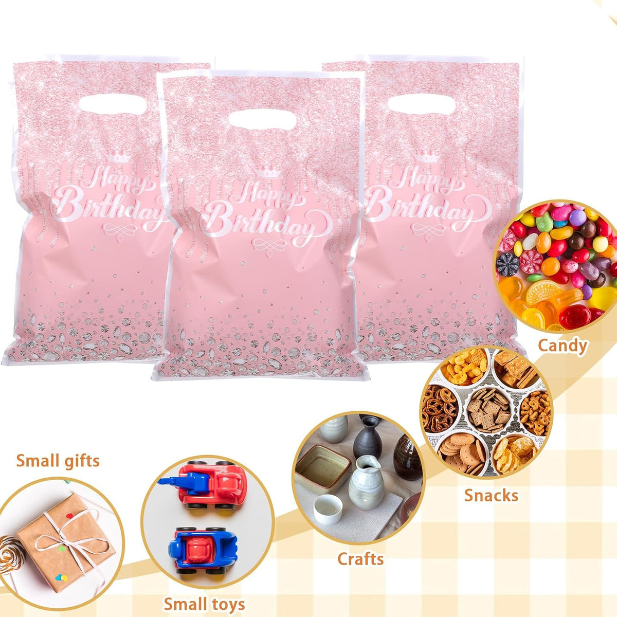 100 Pcs Pink Rose Gold Gift Bags Glitter Diamond Goodie Bag with Handles Happy Birthday Candy Bags Birthday Party Favor Bag for Women Girls Party Decor Supplies