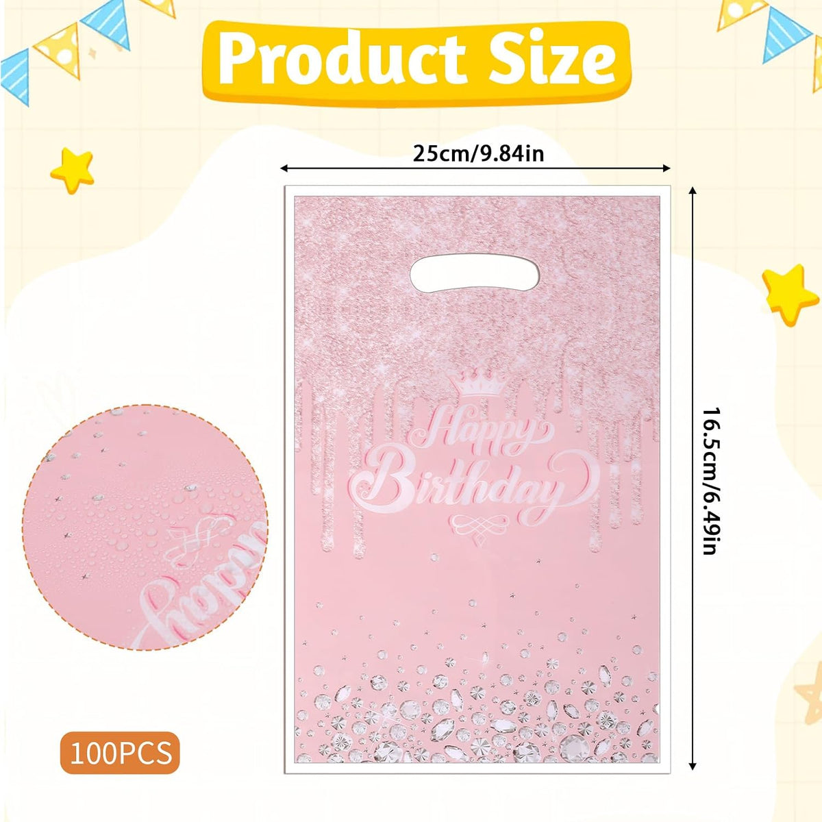 100 Pcs Pink Rose Gold Gift Bags Glitter Diamond Goodie Bag with Handles Happy Birthday Candy Bags Birthday Party Favor Bag for Women Girls Party Decor Supplies