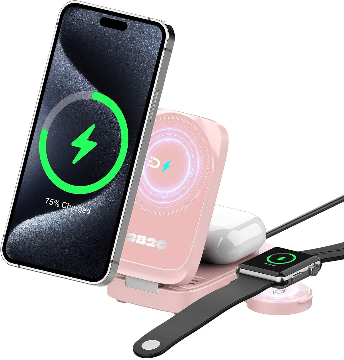 3-in-1 15W Magnetic Charger for iPhone, Apple Watch & AirPods, Pink