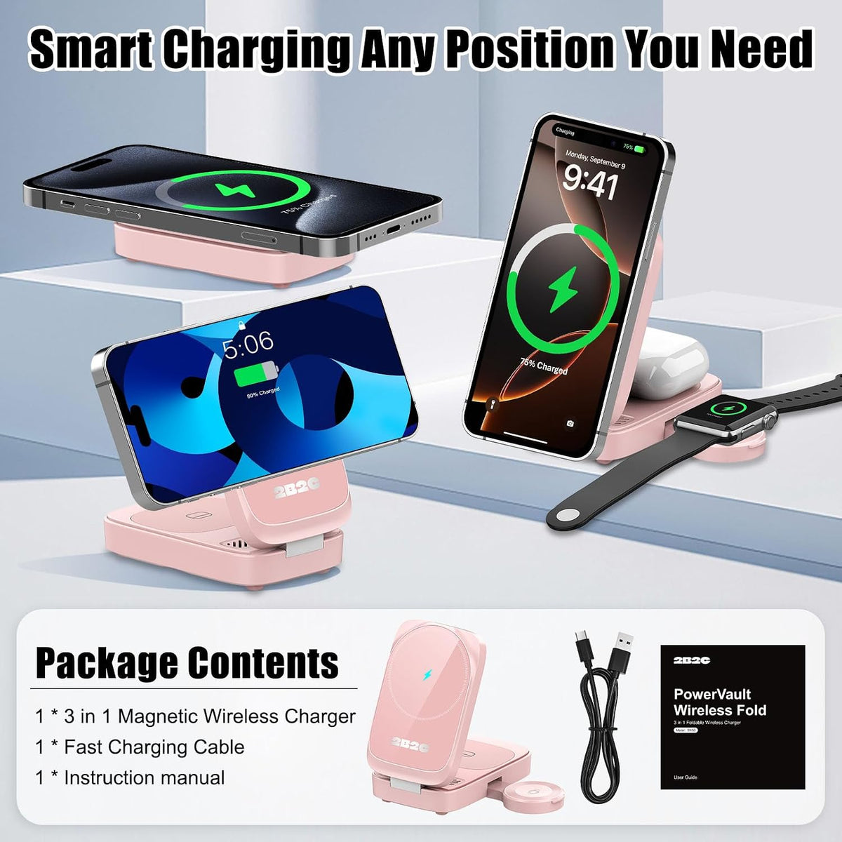 3-in-1 15W Magnetic Charger for iPhone, Apple Watch & AirPods, Pink