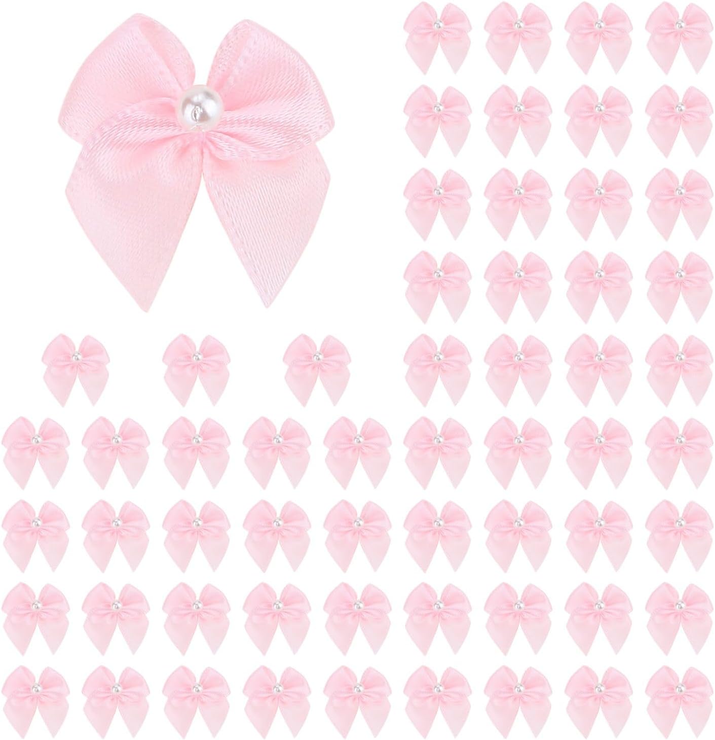 Meseey 60pcs Mini Pastel Pink Satin Ribbon Bows with Pearl 1 Inch Craft Bows Flowers Appliques DIY Craft for Sewing, Scrapbooking, Wedding, Gift,Christmas Decoration (Pink)