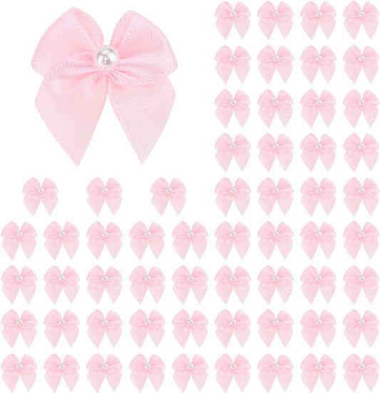 Meseey 60pcs Mini Pastel Pink Satin Ribbon Bows with Pearl 1 Inch Craft Bows Flowers Appliques DIY Craft for Sewing, Scrapbooking, Wedding, Gift,Christmas Decoration (Pink)