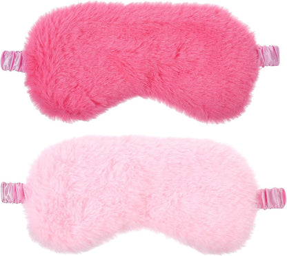 2 Pcs Plush Eye Mask, Soft Sleeping Blindfold Eye Cover Comfortable Satin Back New Faux Fur Nap Eyes Cover Cute Fluffy Furry Sleeping Blindfold for Men Women Plane, Game, Travel Nap (Pink)