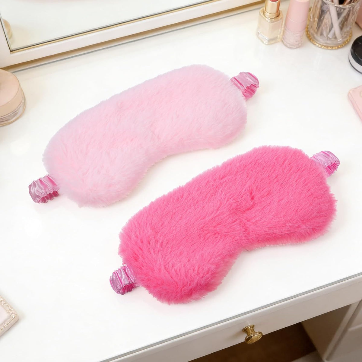 2 Pcs Plush Eye Mask, Soft Sleeping Blindfold Eye Cover Comfortable Satin Back New Faux Fur Nap Eyes Cover Cute Fluffy Furry Sleeping Blindfold for Men Women Plane, Game, Travel Nap (Pink)