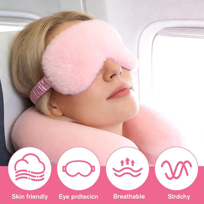 2 Pcs Plush Eye Mask, Soft Sleeping Blindfold Eye Cover Comfortable Satin Back New Faux Fur Nap Eyes Cover Cute Fluffy Furry Sleeping Blindfold for Men Women Plane, Game, Travel Nap (Pink)