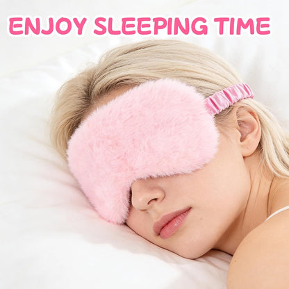 2 Pcs Plush Eye Mask, Soft Sleeping Blindfold Eye Cover Comfortable Satin Back New Faux Fur Nap Eyes Cover Cute Fluffy Furry Sleeping Blindfold for Men Women Plane, Game, Travel Nap (Pink)