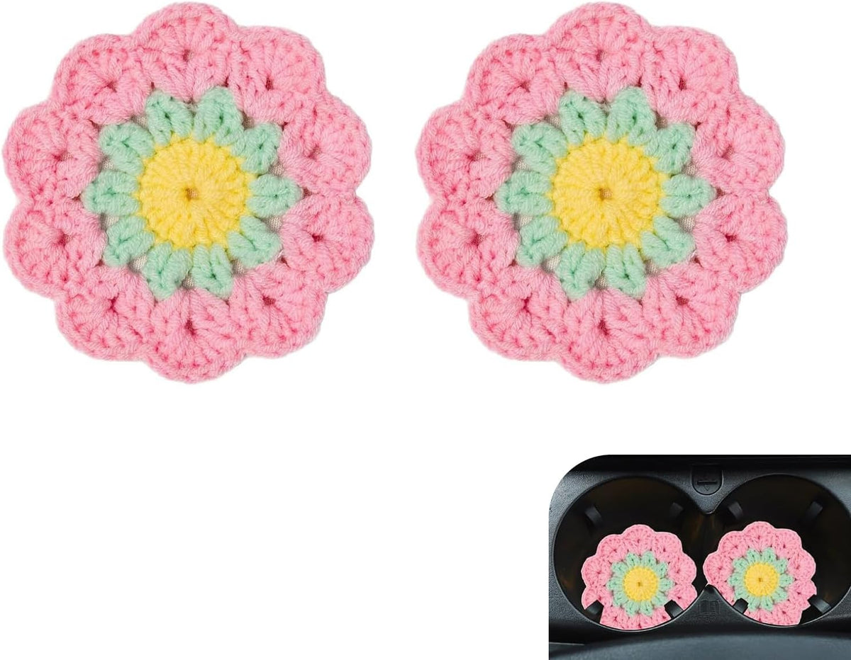 2 PCS Car Flower Coaster, Handmade Knitted Crochet Cotton Floral Coaster for Women Girls, Anti-Slip Heat-Resistant Cup Holder Mat, Cute Interior Accessory for Car & Desk & Home (Pink)
