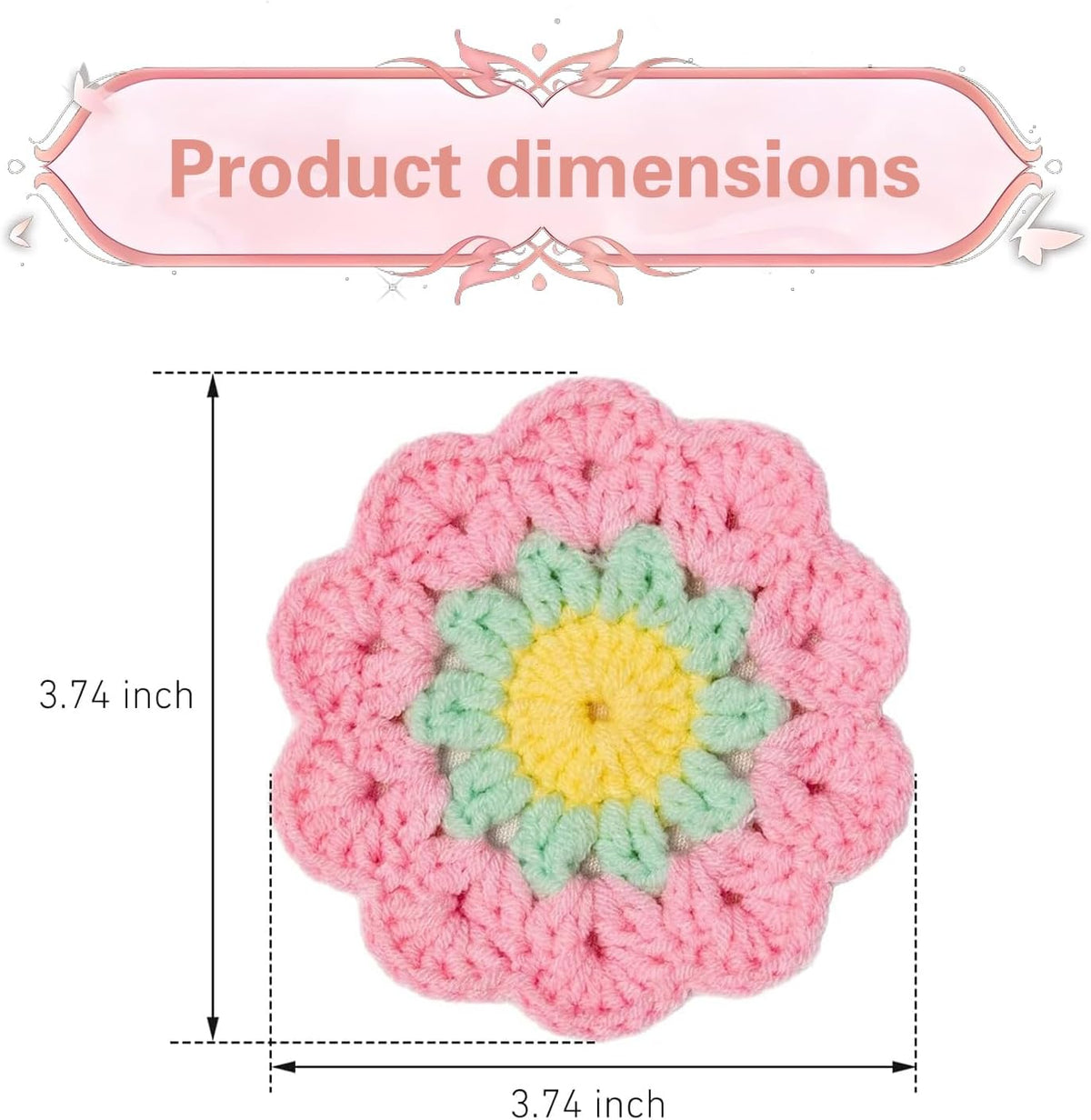 2 PCS Car Flower Coaster, Handmade Knitted Crochet Cotton Floral Coaster for Women Girls, Anti-Slip Heat-Resistant Cup Holder Mat, Cute Interior Accessory for Car & Desk & Home (Pink)