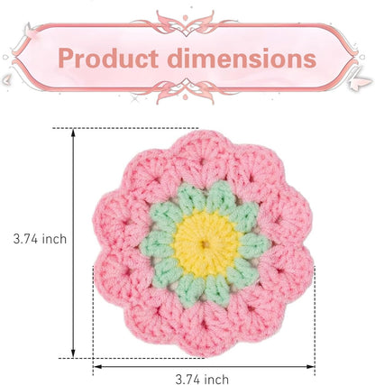 2 PCS Car Flower Coaster, Handmade Knitted Crochet Cotton Floral Coaster for Women Girls, Anti-Slip Heat-Resistant Cup Holder Mat, Cute Interior Accessory for Car & Desk & Home (Pink)