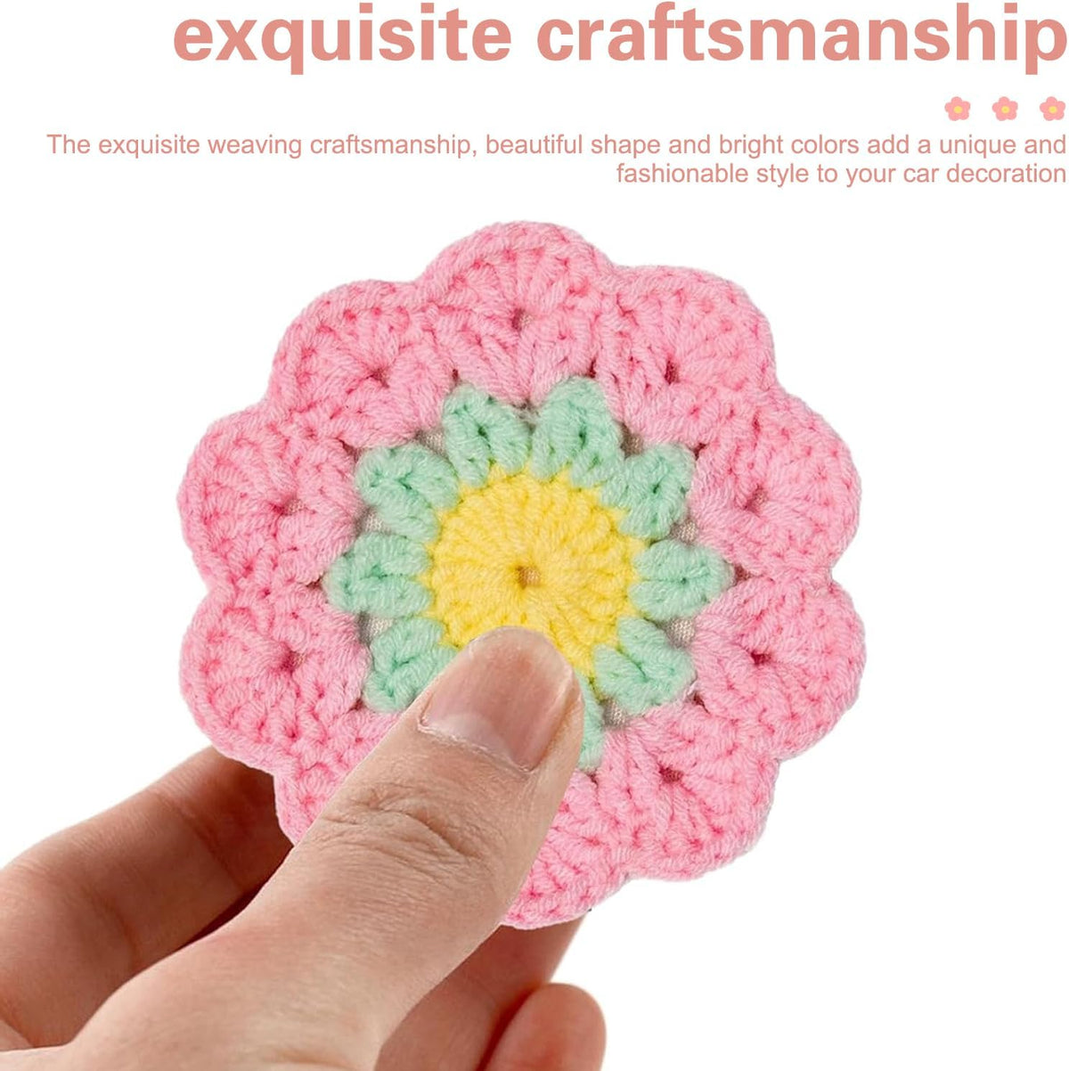 2 PCS Car Flower Coaster, Handmade Knitted Crochet Cotton Floral Coaster for Women Girls, Anti-Slip Heat-Resistant Cup Holder Mat, Cute Interior Accessory for Car & Desk & Home (Pink)