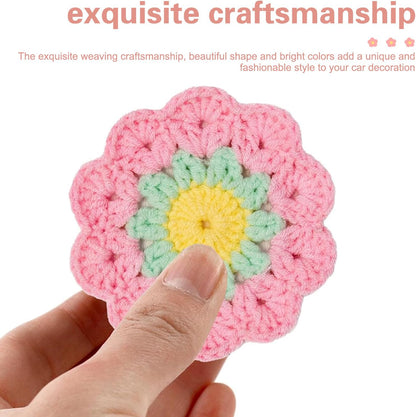 2 PCS Car Flower Coaster, Handmade Knitted Crochet Cotton Floral Coaster for Women Girls, Anti-Slip Heat-Resistant Cup Holder Mat, Cute Interior Accessory for Car & Desk & Home (Pink)