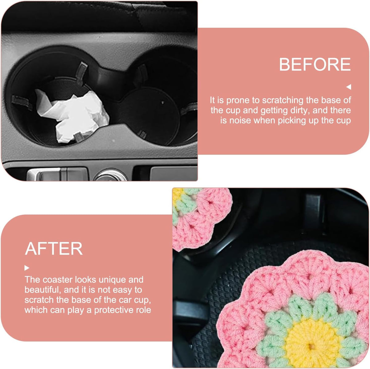 2 PCS Car Flower Coaster, Handmade Knitted Crochet Cotton Floral Coaster for Women Girls, Anti-Slip Heat-Resistant Cup Holder Mat, Cute Interior Accessory for Car & Desk & Home (Pink)