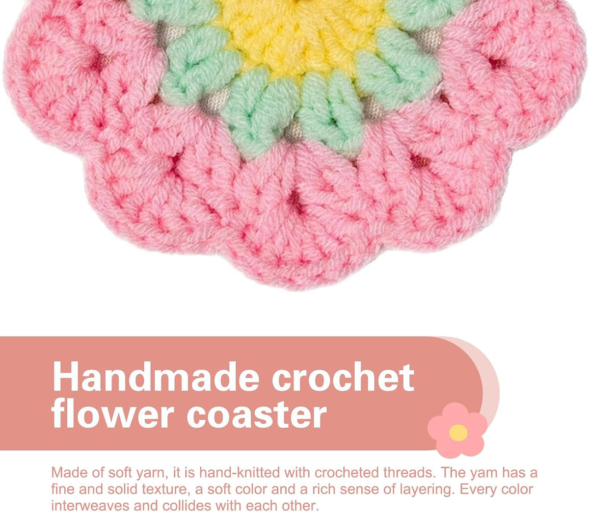 2 PCS Car Flower Coaster, Handmade Knitted Crochet Cotton Floral Coaster for Women Girls, Anti-Slip Heat-Resistant Cup Holder Mat, Cute Interior Accessory for Car & Desk & Home (Pink)