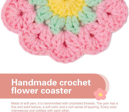 2 PCS Car Flower Coaster, Handmade Knitted Crochet Cotton Floral Coaster for Women Girls, Anti-Slip Heat-Resistant Cup Holder Mat, Cute Interior Accessory for Car & Desk & Home (Pink)