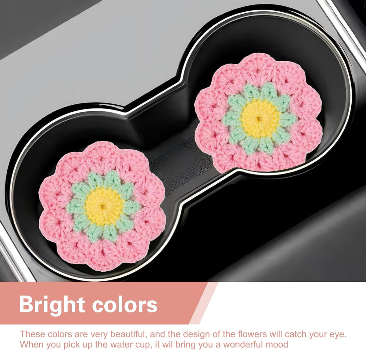 2 PCS Car Flower Coaster, Handmade Knitted Crochet Cotton Floral Coaster for Women Girls, Anti-Slip Heat-Resistant Cup Holder Mat, Cute Interior Accessory for Car & Desk & Home (Pink)