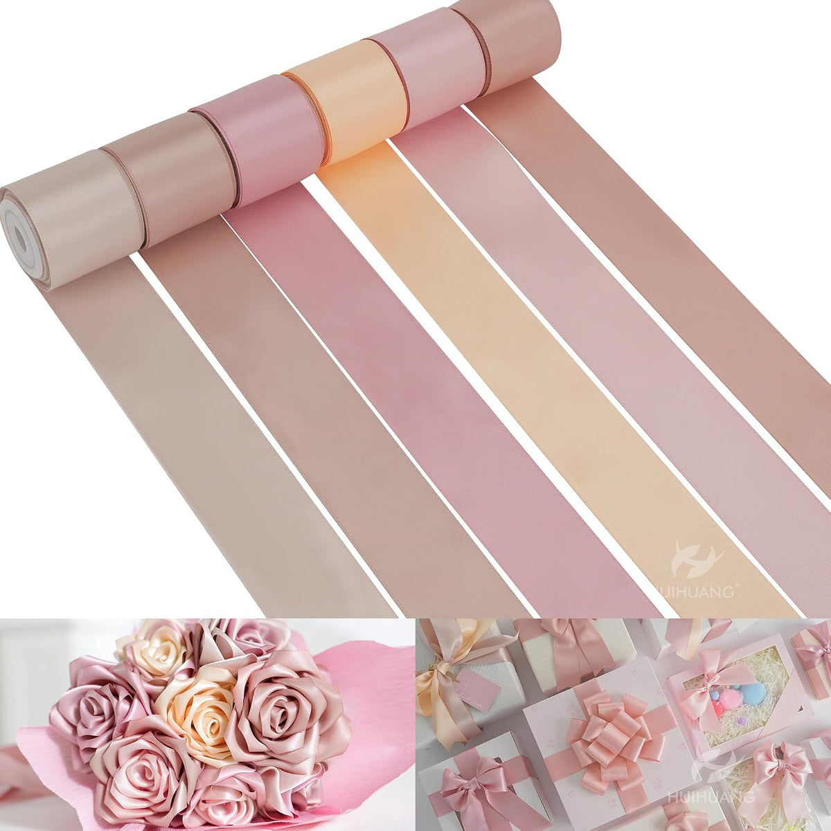 Rose Pink Ribbon 1-1/2" Dusty Rose/Rose Gold/Rose Pink/Rosy Mauve/Vanilla/Peach Satin Ribbons for Wedding Flower Bouquet Bows Bridal Gift Wrap and Crafts- 6 Rolls, Total 30 Yards