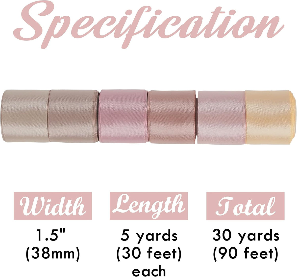 Rose Pink Ribbon 1-1/2" Dusty Rose/Rose Gold/Rose Pink/Rosy Mauve/Vanilla/Peach Satin Ribbons for Wedding Flower Bouquet Bows Bridal Gift Wrap and Crafts- 6 Rolls, Total 30 Yards