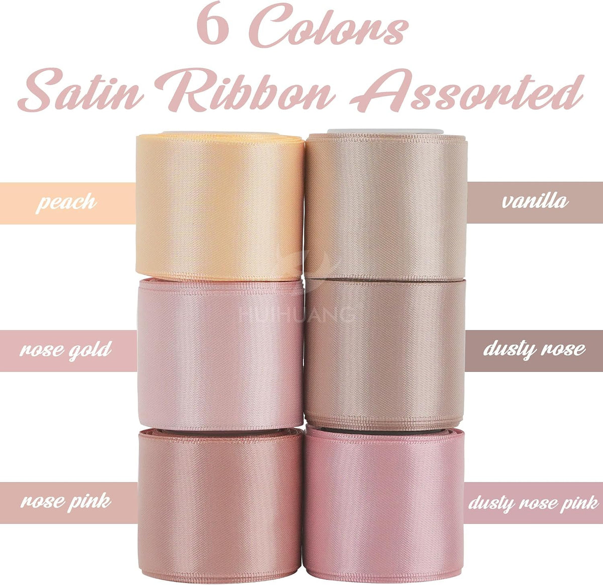 Rose Pink Ribbon 1-1/2" Dusty Rose/Rose Gold/Rose Pink/Rosy Mauve/Vanilla/Peach Satin Ribbons for Wedding Flower Bouquet Bows Bridal Gift Wrap and Crafts- 6 Rolls, Total 30 Yards